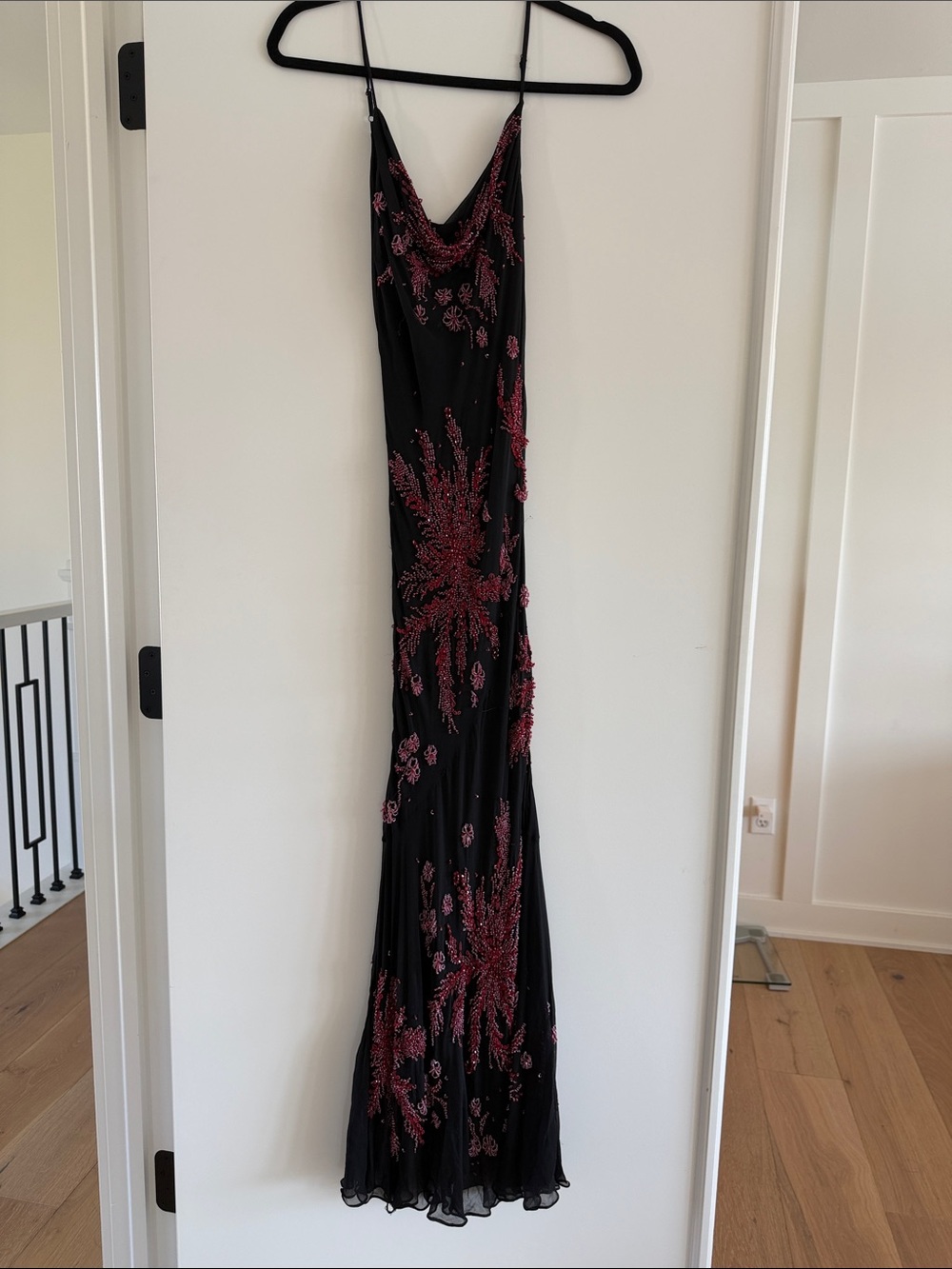 Black Evening Slip Dress with Red Beaded Embellishment